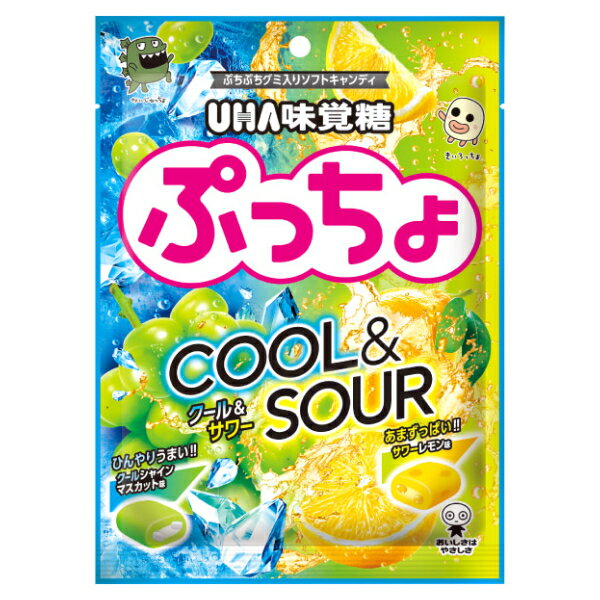 【内容量】 68g(個装紙込み) 【賞味期限】 メーカー製造日より10ケ月(未開封)です。実際にお届けする商品は、賞味期間は短くなりますのでご了承下さい。 【保存方法】 直射日光、高温多湿をおさけ下さい。 【原材料】 ・サワーレモン：水飴（国内製造）、砂糖、植物性加工油脂、ゼラチン、殺菌乳酸菌飲料、果糖ぶどう糖液糖、晩白柚果汁、濃縮レモン果汁、植物油脂／甘味料（キシリトール）、酸味料、増粘剤（加工澱粉、増粘多糖類）、乳化剤、安定剤（CMC）、香料、着色料（カロチノイド、ウコン）、光沢剤、（一部に乳成分・ゼラチンを含む） ・クールシャインマスカット：水飴（国内製造）、砂糖、植物性加工油脂、エリスリトール、ゼラチン、殺菌乳酸菌飲料、マスカット果汁、デキストリン／甘味料（キシリトール）、酸味料、増粘剤（加工澱粉、増粘多糖類）、乳化剤、香料、セルロース、着色料（カロチノイド、クチナシ）、酸化防止剤（ビタミンC）、（一部に乳成分・ゼラチンを含む） 【商品説明】 クール&サワーの異なる2つの味わいで夏の暑さを吹き飛ばすぷっちょです。 ・サワーレモン 弾けるような酸味が特徴のサワーレモン味。 噛むたびにレモンの爽快感が口いっぱいに広がり、暑い日でも気分をリフレッシュさせてくれます。 ・クールシャインマスカット みずみずしいマスカットの風味が広がるクールシャインマスカット味。 まるで冷やしたシャインマスカットを食べているかのような、清涼感あふれる一品です。 ぷっちょ袋クール＆サワー ぷっちょ マスカット レモン ぷっちょアソート ぷっちょ 袋 アソートぷっちょ UHA味覚糖 UHA みかくとう アソートキャンディ ソフトキャンディ キャンデー グミ いちごグミ でこぼこぷっちょ プッチョ 個包装 お菓子 おかし おやつ 会社 企業 イベント 販促品 粗品 ノベルティ ばらまき アミューズメント ゲームセンター クレーンゲーム 景品 賞品 卸売り 問屋 買いだめ 買い置き まとめ買い まとめ売り