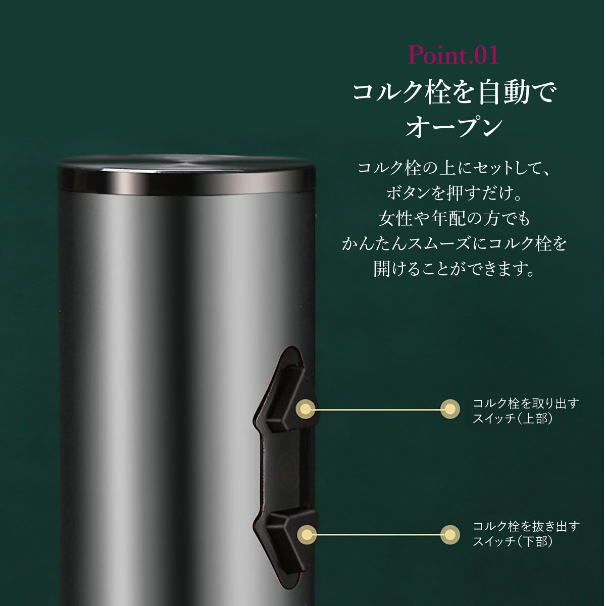 ワインのコルク栓を自動でオープン 想像以上に簡単 便利 ホイルカッター付 ワインオープナー 電動 電動ワインオープナー オープナー 自動 ワイン エアー 年間定番 Wine Opener01