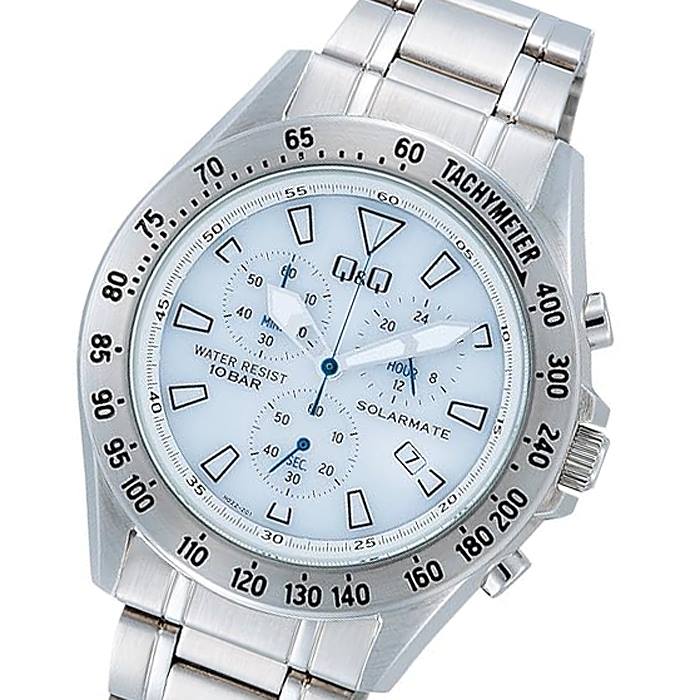 メンズ腕時計 シチズン時計 Q&Q ソーラー クロノグラフ メタル H022-201 ホワイト ソーラーメイト 電池交換不要 防水 10BAR