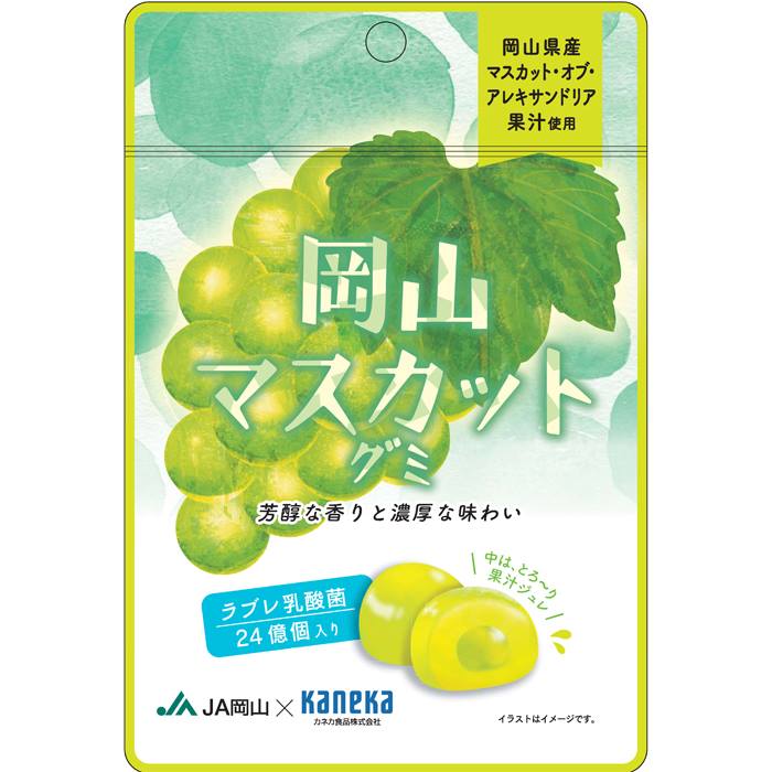 グミ 乳酸菌入り 岡山マスカットグミ カネカ食品 美味しい スッキリ 芳醇な香り 濃厚な味わい さわやかな味わい 果汁ジュレ ラブレ乳酸菌 岡山県産 マスカット オブ アレキサンドリア JA岡山 カネカ食品 共同開発 二重構造グミ