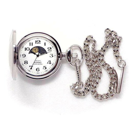 懐中時計 蓋付 ポケットウォッチ サン&ムーン 携帯 時計 チェ−ン フック 3針 時 分 秒 クォーツ マリノ キャピターノ MC137 送料無料