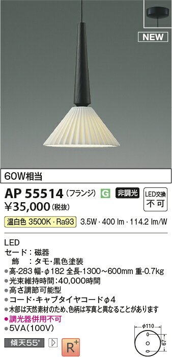 コイズミ照明 AP55514 和風LEDペンダントライト bisq JAPANDI 温白色 白熱球60W相当 非調光 フランジタイプ 要電気工事 コイズミ照明 照明器具 天井照明 吊下げ [2]