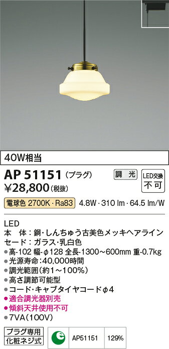 コイズミ照明 AP51151 LEDペンダントライト MICROS RETRO 電球色 白熱球40W相当 プラグタイプ 電気工事不要 調光可能 照明器具 天井照明 吊下げ リビング・ダイニングなどに [2]