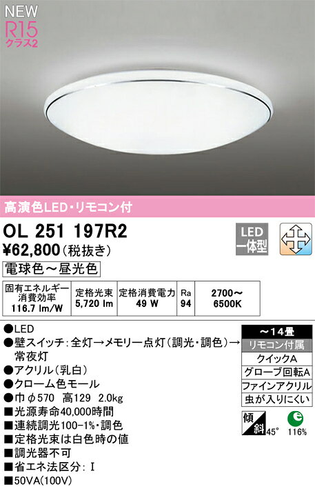 ★オーデリック OL251197R2 LEDシーリングライト 14畳用 R15高演色 クラス2 LC-FREE 調光・調色 電気工事不要 照明器具 天井照明 【〜14畳】 [2]