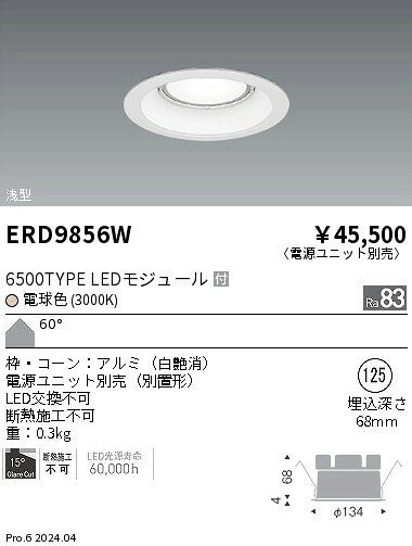 遠藤照明 ERD9856W テクニカルライト LEDZ ARCHI ベースダウンライト 浅型 白コーン 6500タイプ メタルハライドランプ250W器具相当 埋込穴φ125 本体のみ 電源ユニット別売 60°拡散配光 電球色 施設照明 [2]
