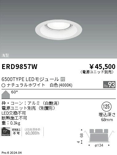 遠藤照明 ERD9857W テクニカルライト LEDZ ARCHI ベースダウンライト 浅型 白コーン 6500タイプ メタルハライドランプ250W器具相当 埋込穴φ125 本体のみ 電源ユニット別売 60°拡散配光 高演色 白色 施設照明 [2]
