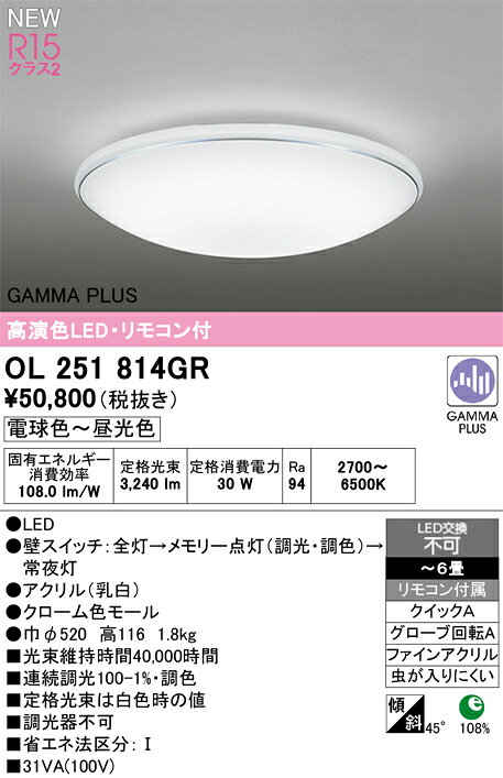 オーデリック OL251814GR LEDシーリングライト 6畳用 R15高演色 クラス2 GAMMA PLUS ガンマ波機能搭載 調光調色タイプ リモコン付 電気工事不要 照明器具 天井照明 【〜6畳】 [2]