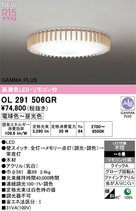 オーデリック OL291506GR LEDシーリングライト 6畳用 R15高演色 クラス2 GAMMA PLU...