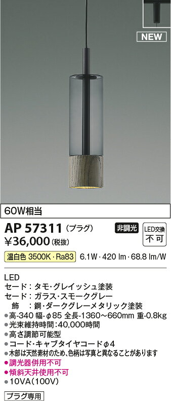 コイズミ AP57311 LEDペンダントライト Smoke×GW Minimal Rustic 白熱灯60W相当 プラグタイプ 温白色 非調光 電気工事不要 照明器具 吊下げ 天井照明