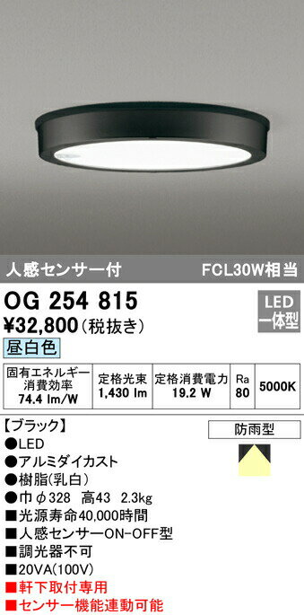 オーデリック OG254815 エクステリア 人感センサー付軒下用LED小型シーリングライト FLAT PLATE [フラットプレート] FCL30W相当 昼白色 非調光 防雨型 照明器具 エントランス 玄関 廊下 屋外用 天井照明 軒下取付専用