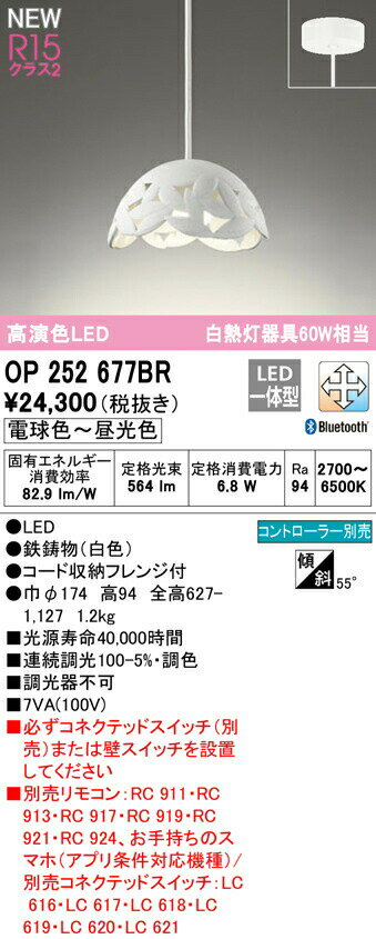 オーデリック OP252677BR LED和風ペンダントライト made in NIPPON OIGEN R15高演色 クラス2 白熱灯60W相当 フレンジタイプ CONNECTED LIGHTING LC-FREE 調光・調色 Bluetooth対応 照明器具 天井照明 吊下げ