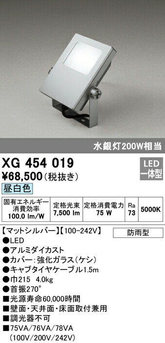 オーデリック XG454019 エクステリア LEDスクエアスポットライト 投光器 水銀灯200W相当 昼白色 非調光 防雨型 拡散配光 照明器具 アウトドアライト 壁面・天井面・床面取付兼用