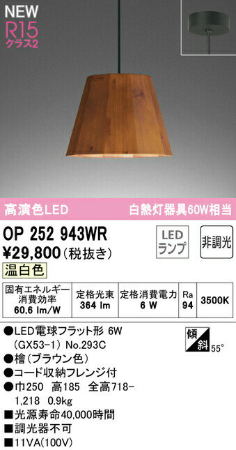 オーデリック OP252943WR LEDペンダントライト R15高演色 クラス2 白熱灯器具60W相当 フレンジタイプ 非調光 温白色 照明器具 天井照明 吊下げ [2]