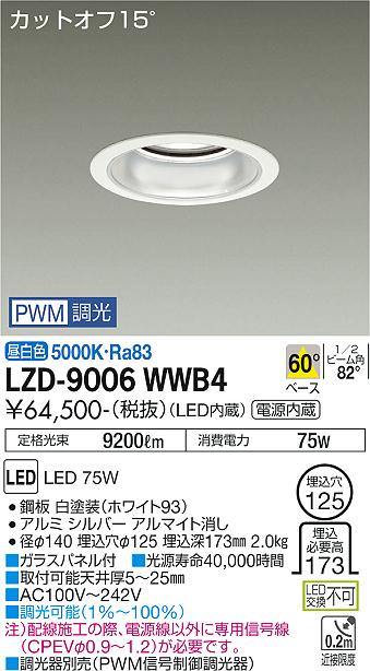 大光電機 LZD-9006WWB4 LEDベースダウンライト 埋込穴φ125 10000クラス メタルハライドランプ250W相当 電源内蔵 カットオフ15° シルバーマットコーン 60°配光 昼白色 PWM調光 施設照明