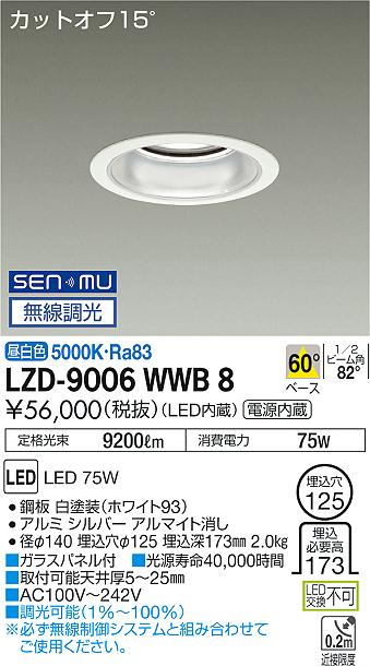 大光電機 LZD-9006WWB8 LEDベースダウンライト 埋込穴φ125 10000クラス メタルハライドランプ250W相当 電源内蔵 カットオフ15° シルバーマットコーン 60°配光 昼白色 SENMU無線調光 施設照明