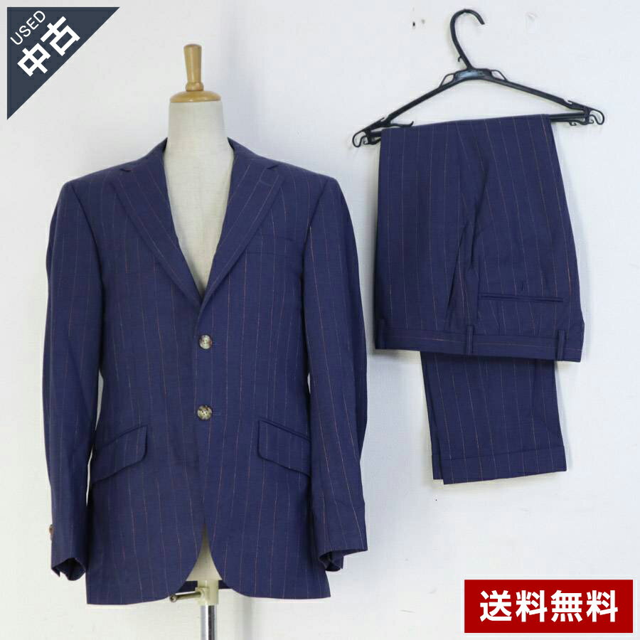 【中古】ワケあり 古着 高級 イタリア製 FINTES フィンテス スーツ上下セット (ジャケット&パンツ) ブルー系ストライプ柄 ウール製 サイズ807/80...