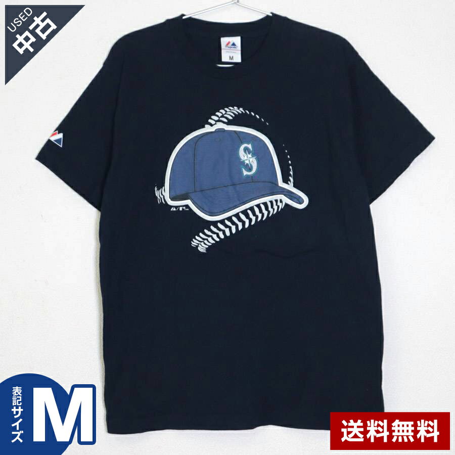 樂天商城 - 【中古】古着 MLB Tシャツ マジェスティック製 MLB 2008 マリナーズ 半袖 Tシャツ キャップ柄 ネイビー Mサイズ ビンテージ◆149h31