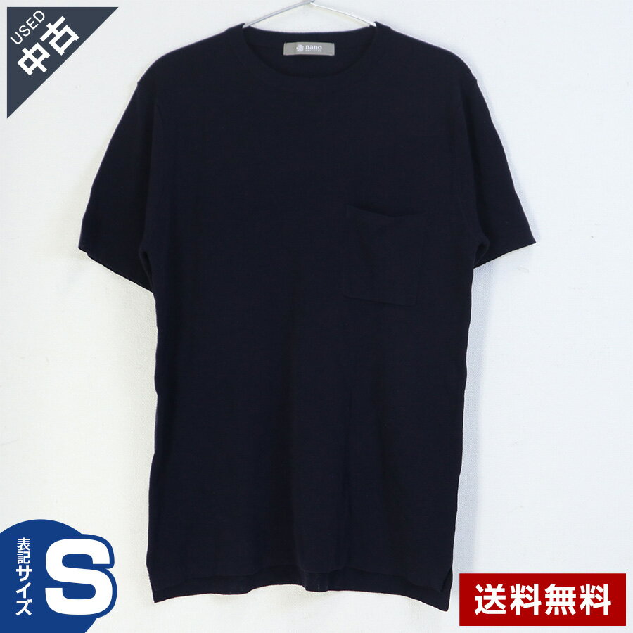 乐天商城 - 【中古】古着 ナノ・ユニバース 半袖ニット サマーニット Sサイズ メンズ ネイビー リネン混 NANO universe◆140v27