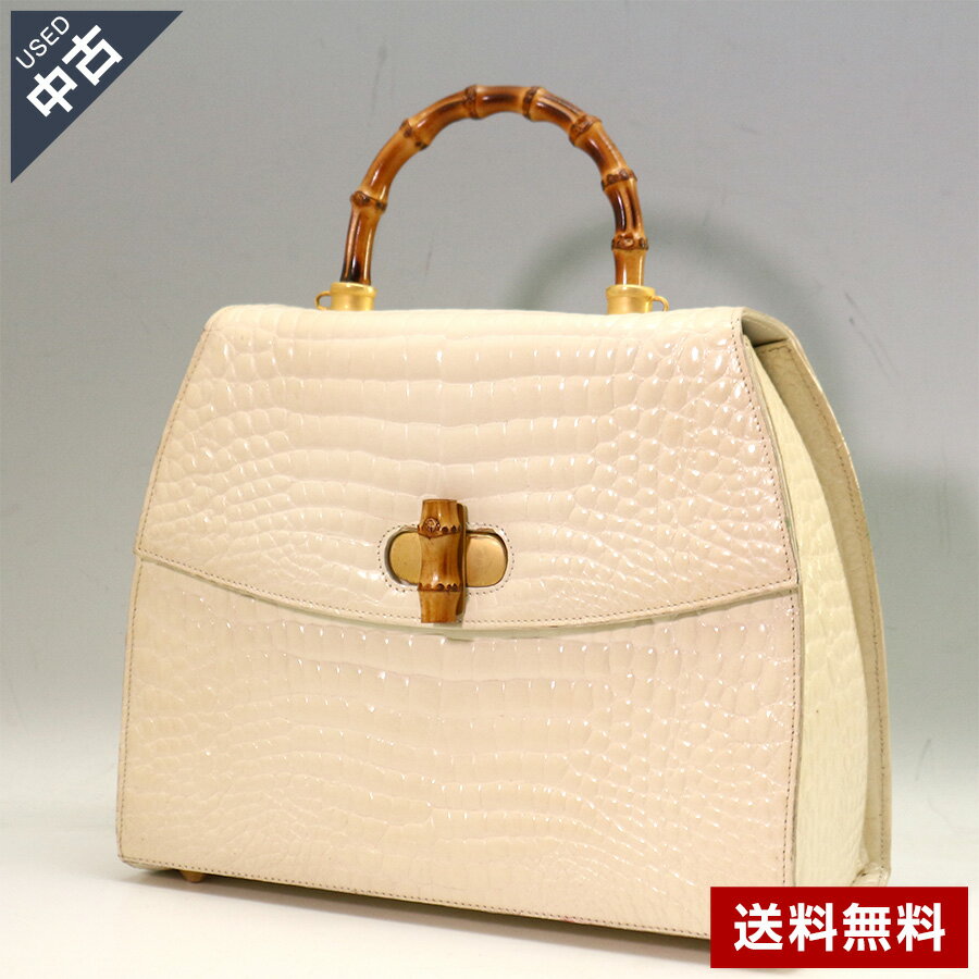 【中古】イタリア製 Fontanelli フォンタネッリ クロコダイルレザー バンブーハンドル 2WAY ハンドバッグ エナメルホワイト◆300f04