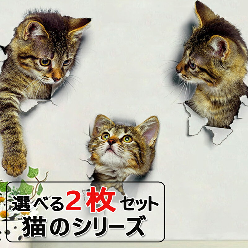 ウォールステッカー 2枚セット 猫 ペット 動物 トリックアート 絵画 ネコ絵 3D だまし絵 立体 かわいい 壁 壁紙 DIY インテリア シール 008780【送料無料】
