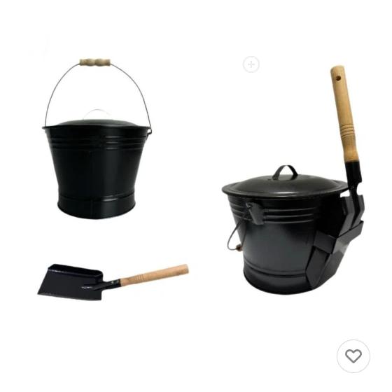 壁炉用掃除 黒色鉄製灰バケツ 蓋付