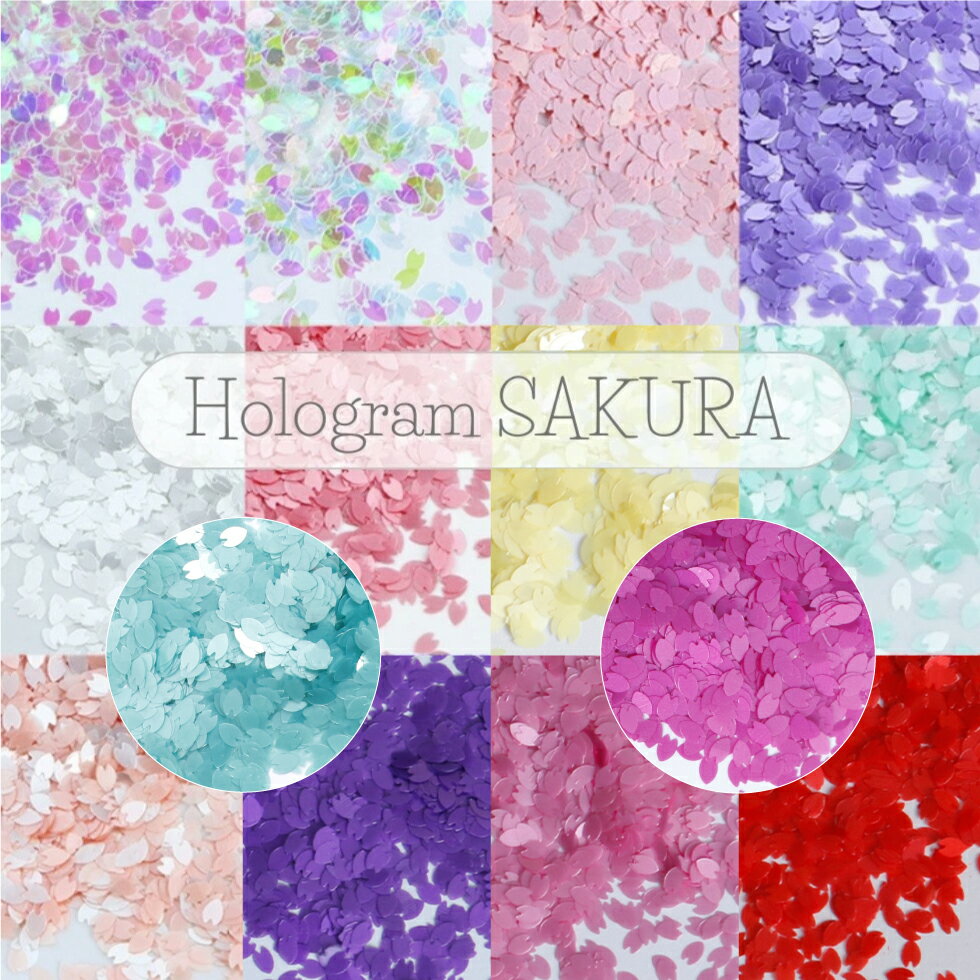 カラフルな桜の花びらホログラム。 春らしいパステル調のカラーがかわいい。 【ITEM DETAIL】 商品名： さくら花びらホログラム 14種 パーツサイズ：　約2*3mm 入量：約10g ※入荷時期によって、一部のカラーが変更になることがございます。 ※海外製品の為、外装に、傷・ヒビ・欠け等が発生する事がございます。 ※まれに商品にバリ、欠け等見られることがございます。 ※モニタやブラウザの関係で、実物と色が異なって見える事がございます。 上記あらかじめご了承いただけますようお願いいたします。 ※こちらの商品はメール便対応商品です。