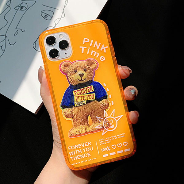 iPhone Orange Bear Case オレンジ ベアー 熊 クマ オレンジ クリア ネオン ぬいぐるみ ドール キャラクター イラスト アイフォン 12 SE2 11 11 Pro 11 Pro Max Xs X 8 7 8 7 スマートフォン スマホケース スマホカバー アイフォンケース
