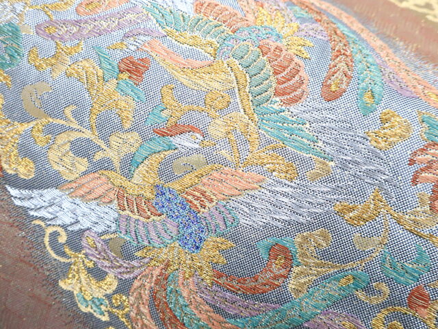 【中古】【着物】 袋帯 六通柄 格子に向かい鳥 蝶 鳳凰文 金糸 r7b01-27【リサイクル】宝の山