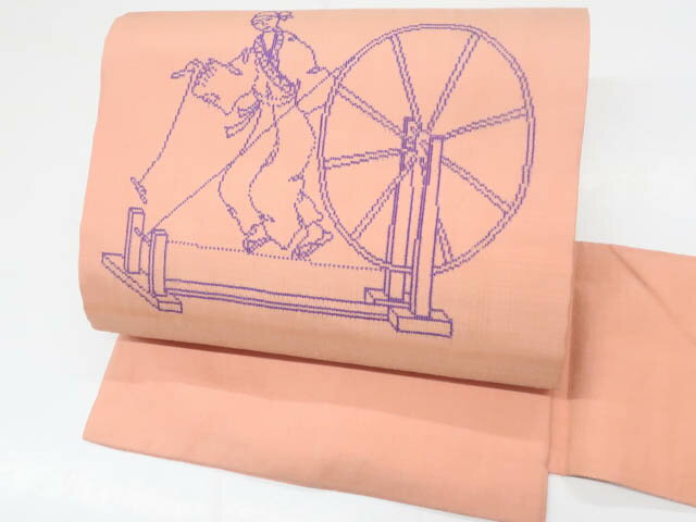 楽天スーパーセール最大半額【中古】【着物】九寸名古屋帯　太鼓柄　紬織　糸車・人物文　r7b02-31【リ..