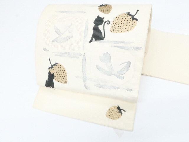 【中古】九寸名古屋帯 オリジナル 太鼓柄 夏物 夏 猫に苺 金彩 正絹 r7b10-181【リサイクル】宝の山