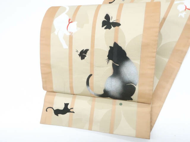 【中古】京袋帯 お太鼓柄 オリジナル 猫 蝶 桜 正絹 r7b10-187【リサイクル】宝の山
