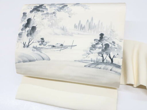 【中古】【着物】昭和レトロ 九寸名古屋帯 塩瀬 墨絵 風景文 太鼓柄 kyo7b04-48【リサイクル】宝の山 【中古】【着物】昭和レトロ 九寸名古屋帯 塩瀬 墨絵 風景文 太鼓柄 kyo7b04-48【リサイクル】宝の山