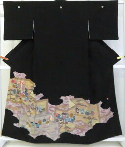 【中古】リサイクル着物 黒留袖 五つ紋 御所車に大名行列文 金駒刺繍 比翼仕立て 作家落款 身丈約149cm 裄丈約63cm kyo7z05-409【リサイクル】宝の山