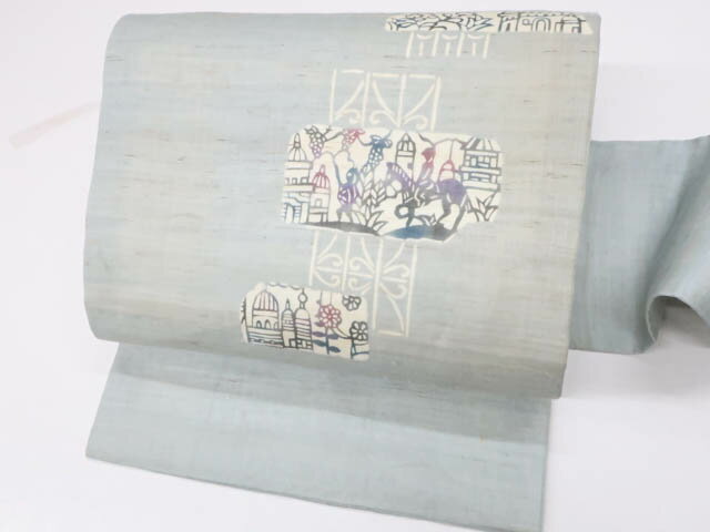 【中古】【着物】九寸名古屋帯 夏物 夏 六通 紬織 城に騎士文 kyo7b06-121【リサイクル】宝の山(4)
