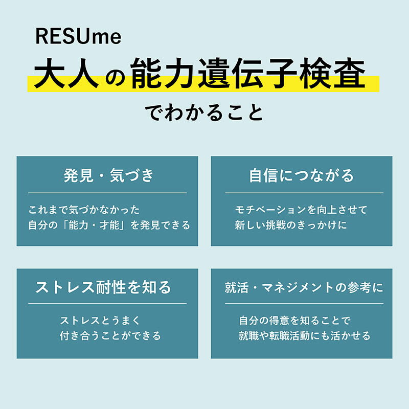 大人の能力遺伝子検査 RESUme（レジュミ）｜DNA FACTOR 遺伝子検査キット DNAファクター 大人 能力 才能 転職 就活 就職 適正 自己分析 記憶 仕事 得意 特技 性格 苦手 知性 集中力 性格分析 メンタル スキルアップ 遺伝