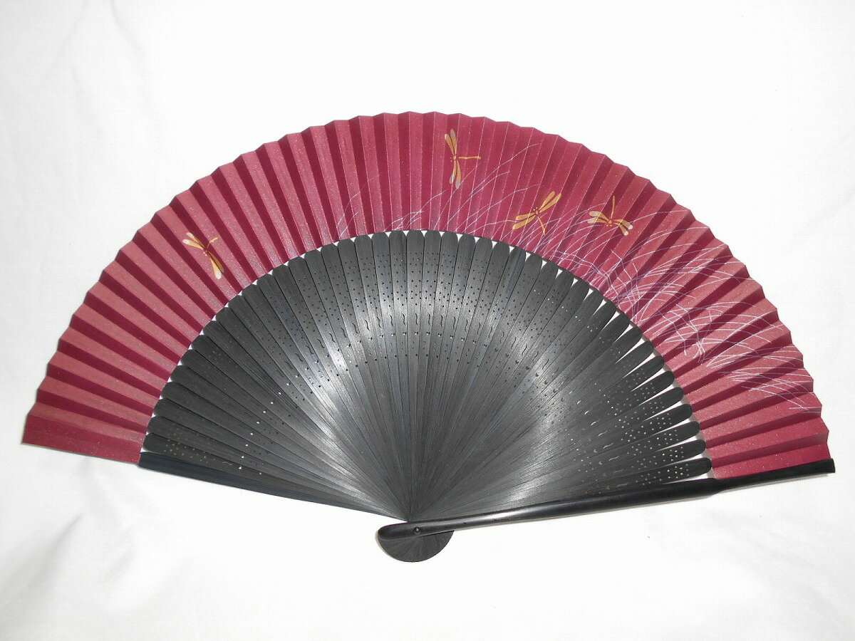 蜻蛉（エンジ）国産、高島扇骨使用、近江扇子、紙扇子、香り付き