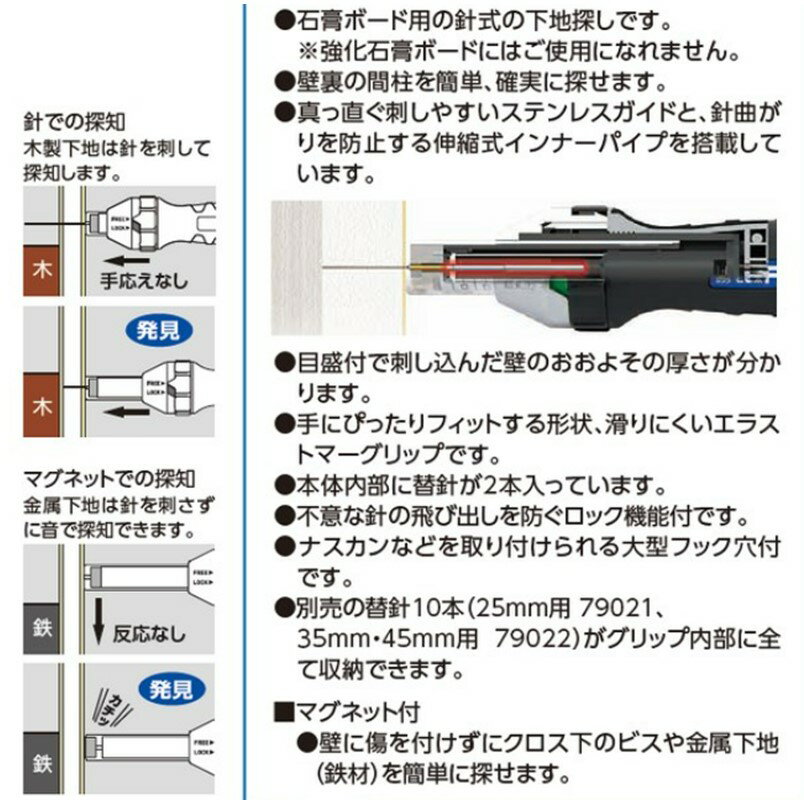 シンワ 下地探し どこ太Pro 35mm マグネット付 78992【石膏ボード 下地 器具取付 壁裏 手摺 照明 カーテンレール タオルハンガー】