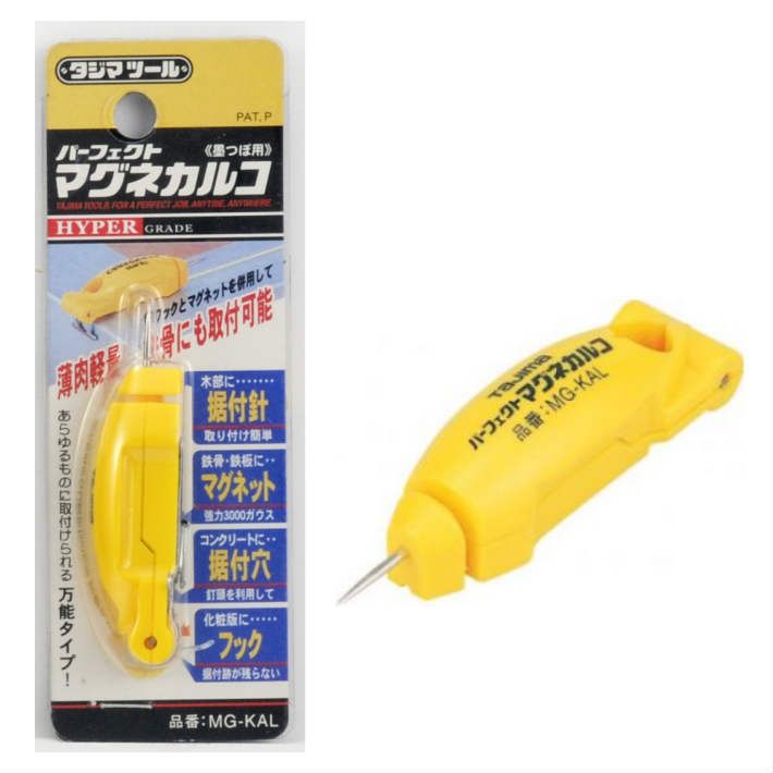●鉄部用かるこ ●製品重量：20g（1本） ●強力マグネット（300mT）で鉄部にしっかり取り付けられます ●木部にも取り付けられる据付針付 ●コンクリート釘を利用してコンクリート面にも取り付けられる据付穴付 ●化粧板や据付跡は残したくない部材などの取り付けに便利な金属フック付 ●適応商品 墨つぼ全般、チョークライン全般