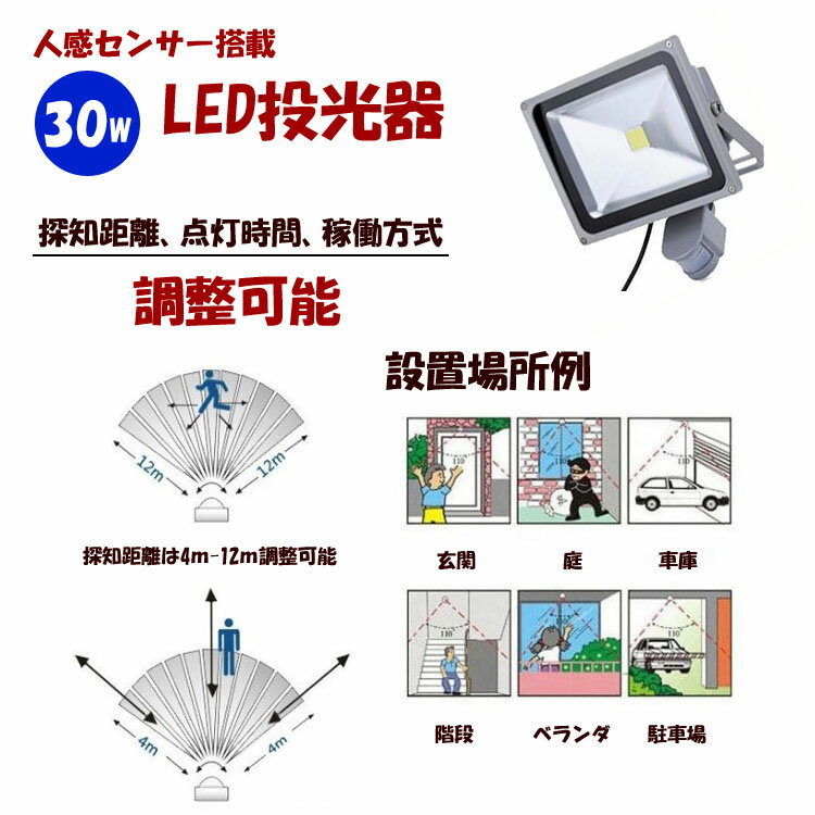 人感センサー付 LED投光器/30W 昼光色 電球色 広角 防塵 防水加工 ご自宅 お庭 ガレージ 玄関 店舗 防犯用ライト