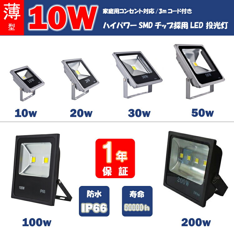 薄型LED投光器　屋外　10W　100W相当　3mコード　プラグ付き　防水 LEDライト 作業灯 集魚灯 防犯 駐車場灯 看板照明　 昼光色　電球色 黒 　シルバー　 一年保証