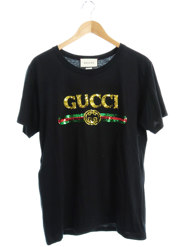 【GUCCI】【スパンコール GUCCIロゴ オーバーサイズ Tシャツ】【イタリア製】【トップス】グッチ『半袖Tシャツ sizeS