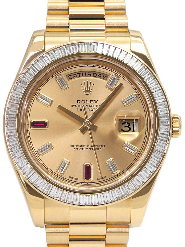 【ROLEX】【YG】【’13年購入】【OH・仕上済】ロレックス『デイデイト2 2Pルビー＆バケットダイヤ』218398BR ランダム番 メンズ 自動巻き 12ヶ月保証【中古】