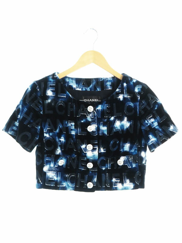 CHANEL】シャネル『ベロア 総ロゴ 半袖ジャケット size36 CHANEL】シャネル『ベロア 総ロゴ 半袖ジャケット size36