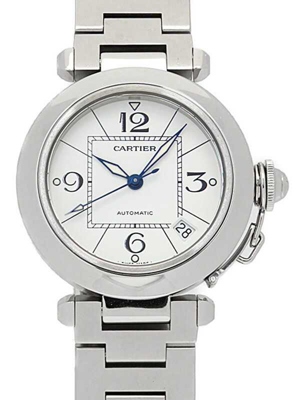 【Cartier】カルティエ『パシャC デイト オートマティック』W31074M7 ボーイズ 自動巻き 3ヶ月保証【中古】 名　称 パシャC デイト オートマティック 型　番 W31074M7(2324) 年　式 不明 タイプ ユニセックス カラー ホワイト 種　類 自動巻き時計 日差（平置） -3秒（使用状況により変化します） 材　質 ステンレス/ガラス風防 サイズ ケース：直径約35mm 腕周り：最大約16cm ギャランティー なし 付属品 提携工房修理保証カード 保証期間 3ヶ月保証 ランク A 品 状　態 若干の使用感や傷は見られますが状態の良い中古商品です。 ケース：A品 ベルト：A品 風防裏側にホコリが若干見られますが、肉眼では気にならない程度です。 【OH・仕上済】 当社指定工房にてオーバーホール・外装の仕上げを行っています。 修理保証カードが付属しており、修理完了日’25/010月より修理実施箇所の24ヶ月保証が付きます。※磨きは保証に含まれません。