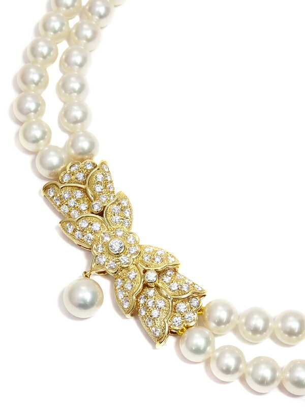 【MIKIMOTO】ミキモト『K18YG パール6.8～7.3mm ダイヤモンド 2連 ネックレス』1週間保証【中古】