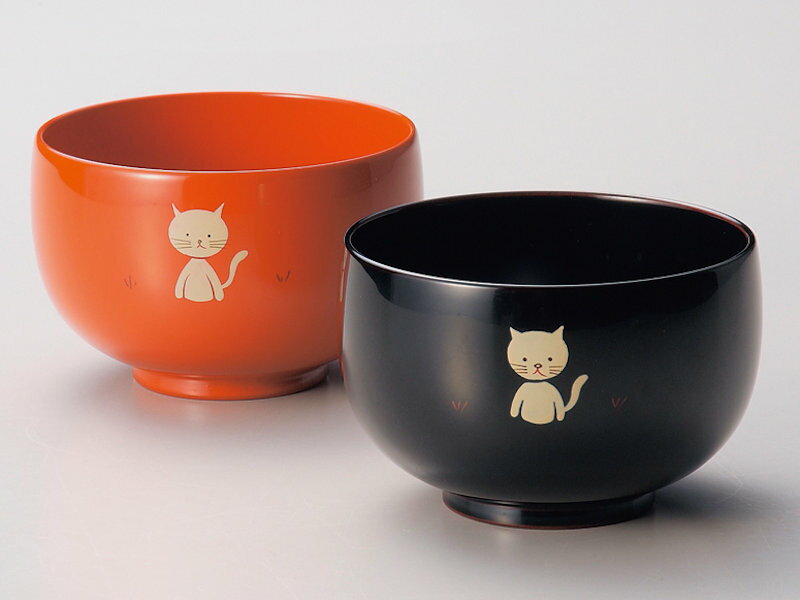 ねこ 夫婦汁椀 黒・洗朱 2客：本漆塗り 和食器 おもてなし おしゃれ かわいい 冠婚葬祭 御祝 結婚祝い ..