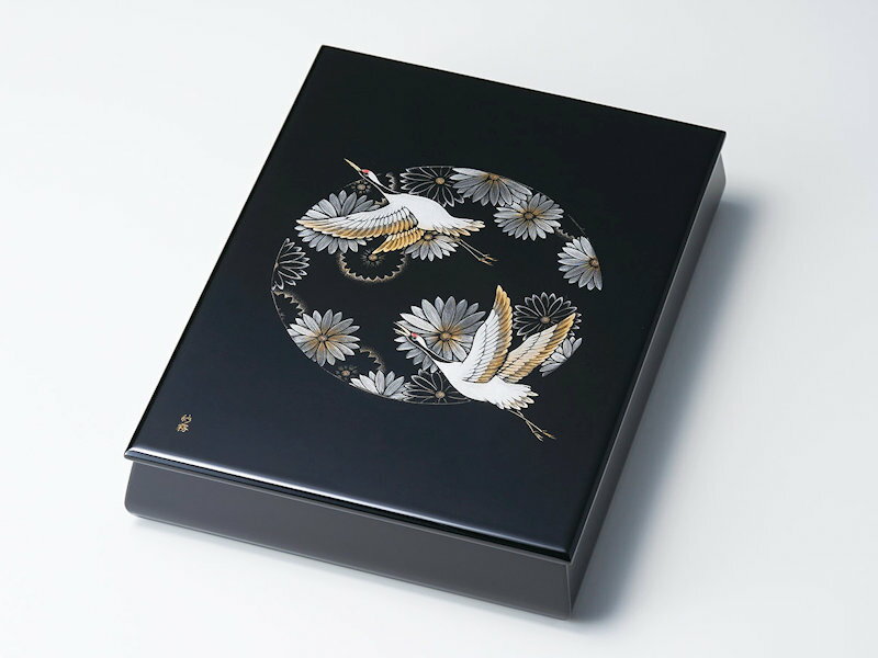 【受注生産品】沈金菊に鶴 文庫 黒 1個:木製漆塗り 日本製 書類入れ デスク 御祝 記念品 プレゼント ギフト 母の日 雑貨 日本製 国産