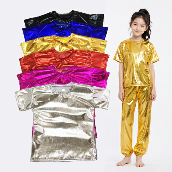Metallic Enamel Short-Sleeve T-Shirt [6 Colors, 9 Sizes] Cut and Sew Top Dance Costume Hip Hop Costume Kids Dance Children Adult Kids Hip Hop Costume Sequin Costume Children Boys Dance Costume Girls School Play Christmas Concert Recital Tank Top