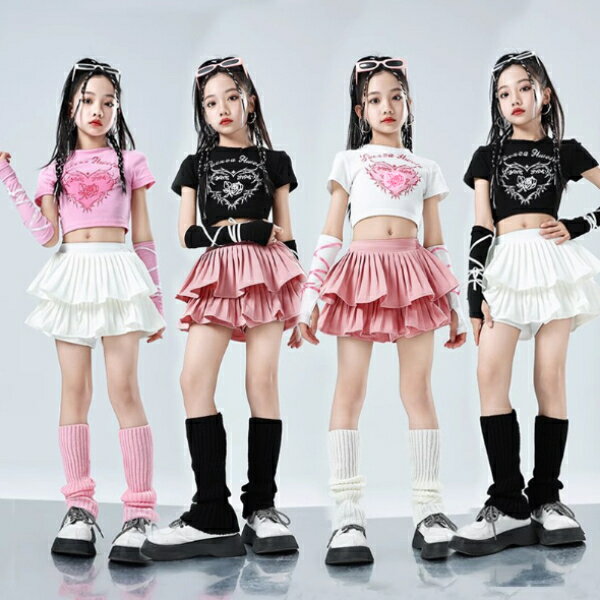 乐天商城 - ピンク　黒 白 ホワイト ロングパンツ ワイドパンツ キッズ ダンス衣装 ヒップホップ 女の子 ジャズダンス セットアップ 子供服 トップス k-pop 衣装 jazz hiphopファッション 練習着 おしゃれ ガールズ 上下セット ジュニア K-POP 韓国 ダンスウェア スカート ユニフォーム