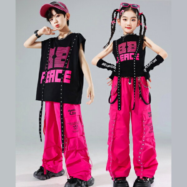 乐天商城 - 黒 ローズピンク オーバーサイズ 男女兼用 ロングパンツ キッズ ダンス衣装 ヒップホップ 女の子用 ジャズダンス セットアップ 子供服 トップス k-pop 衣装 jazz hiphopファッション 練習着 ガールズ 上下セット ジュニア K-POP 韓国 ダンスウェア ユニフォーム